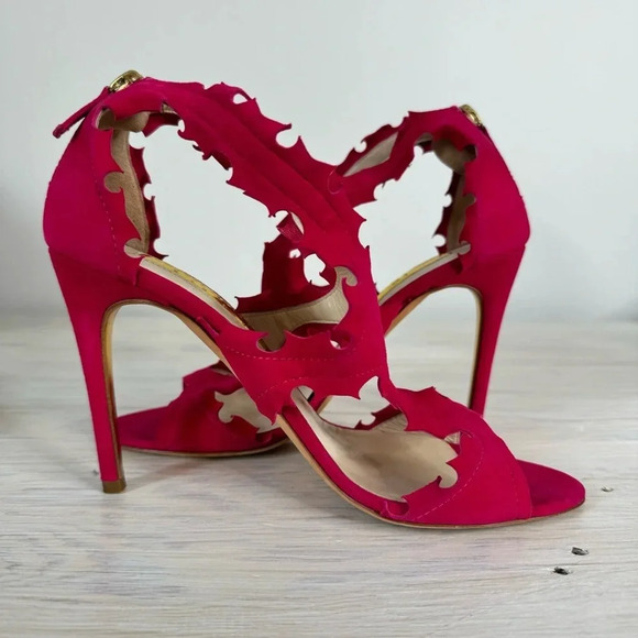 Rupert Sanderson Floria Pink Fuchsia Suede Cutout Peep Toe Heeled Sandals - Picture 4 of 16